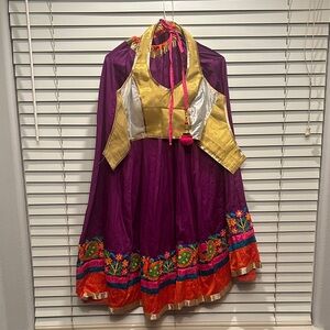 Purple garba outfit with Floral Accents and halter silver and gold blouse